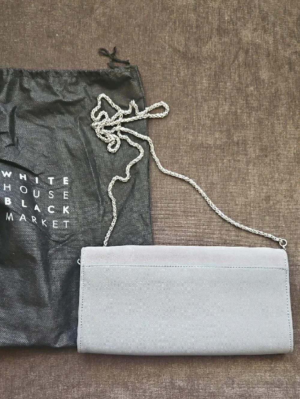 White House Black Market Light Gray Clutch with Silver Chain